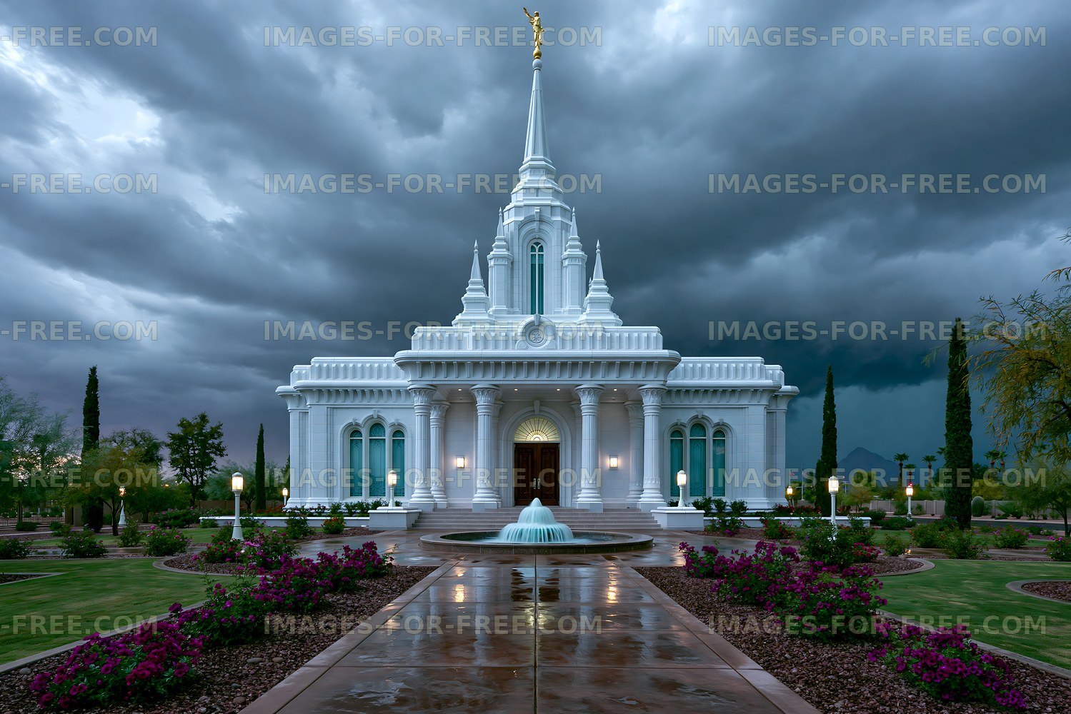 White temple and fountain under dark storm clouds