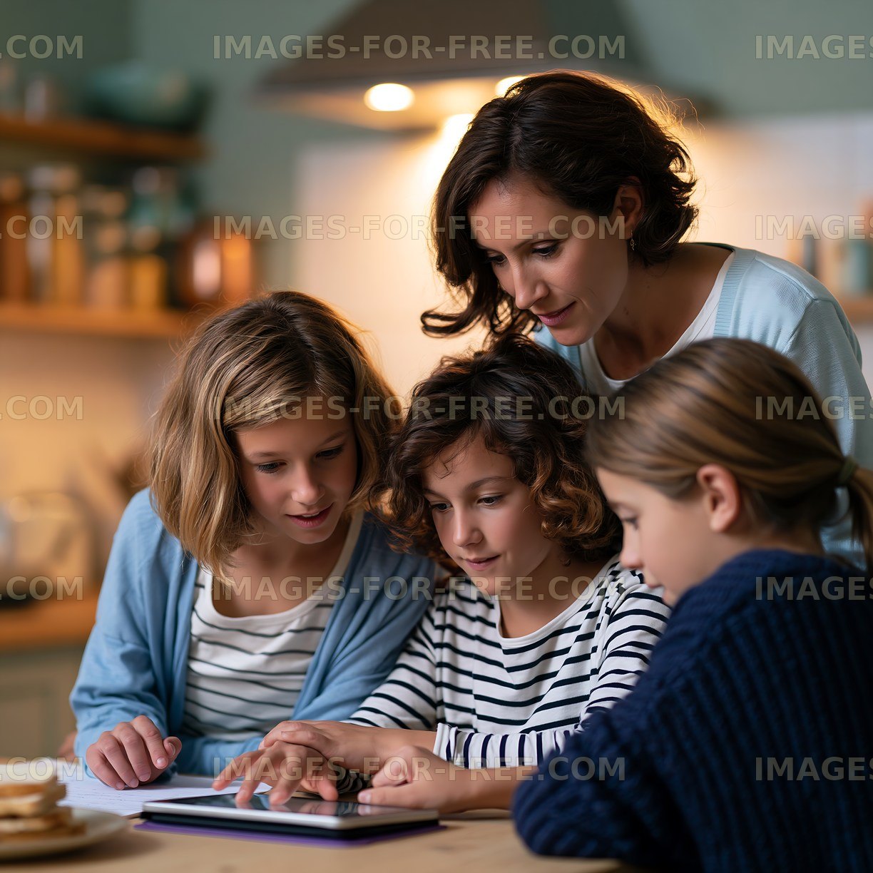 Family enjoying tablet time together in cozy kitchen