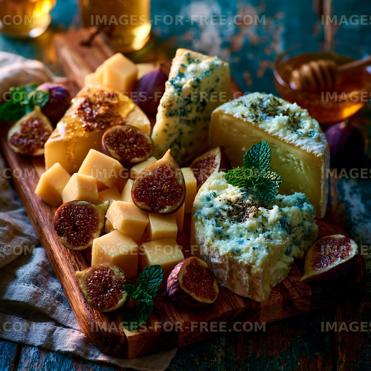 Rustic cheese platter with figs and honey