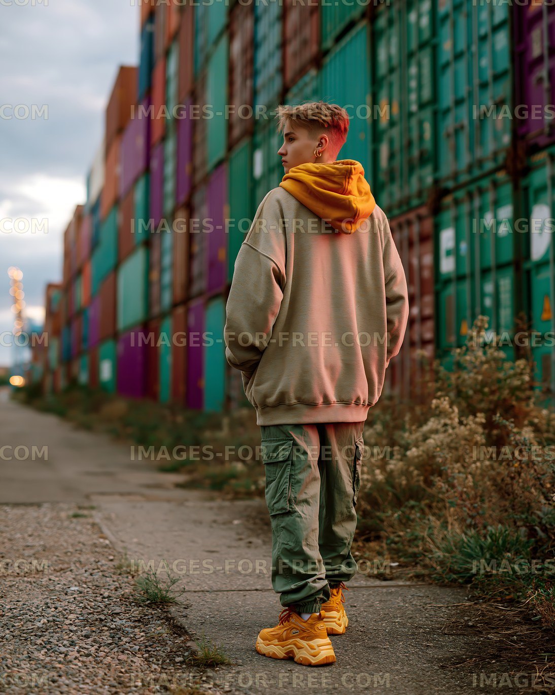 Person in hoodie beside colorful containers