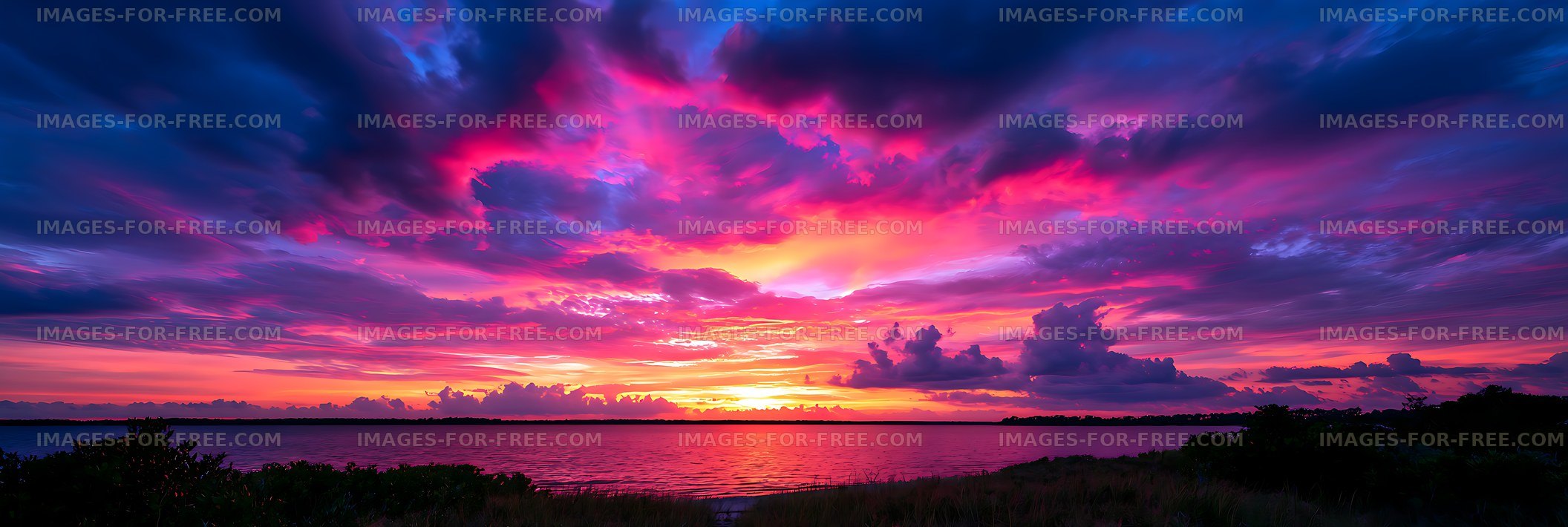 Colorful sunset sky reflected on calm coastal water