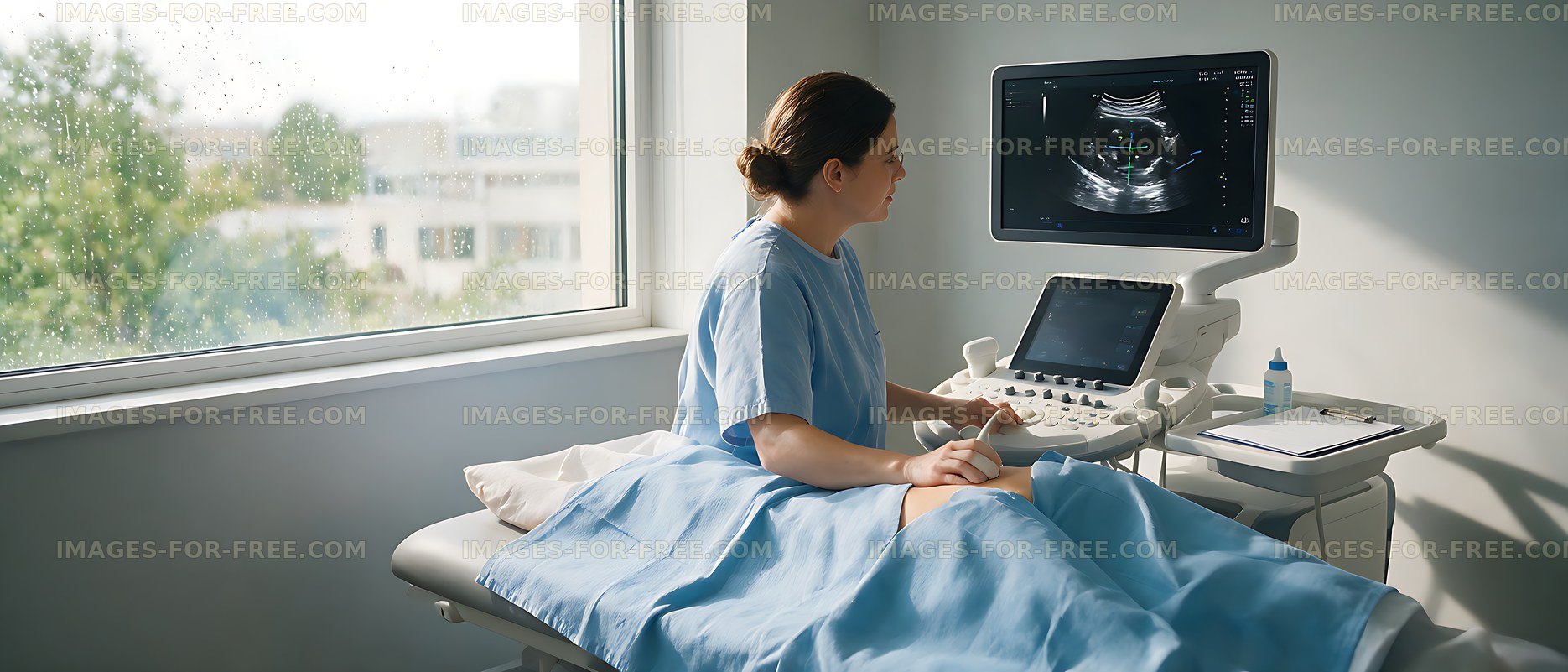 Sonographer using ultrasound equipment during a medical examination