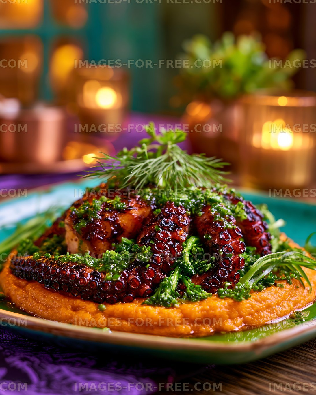 Close-up grilled octopus plated with herbs and puree