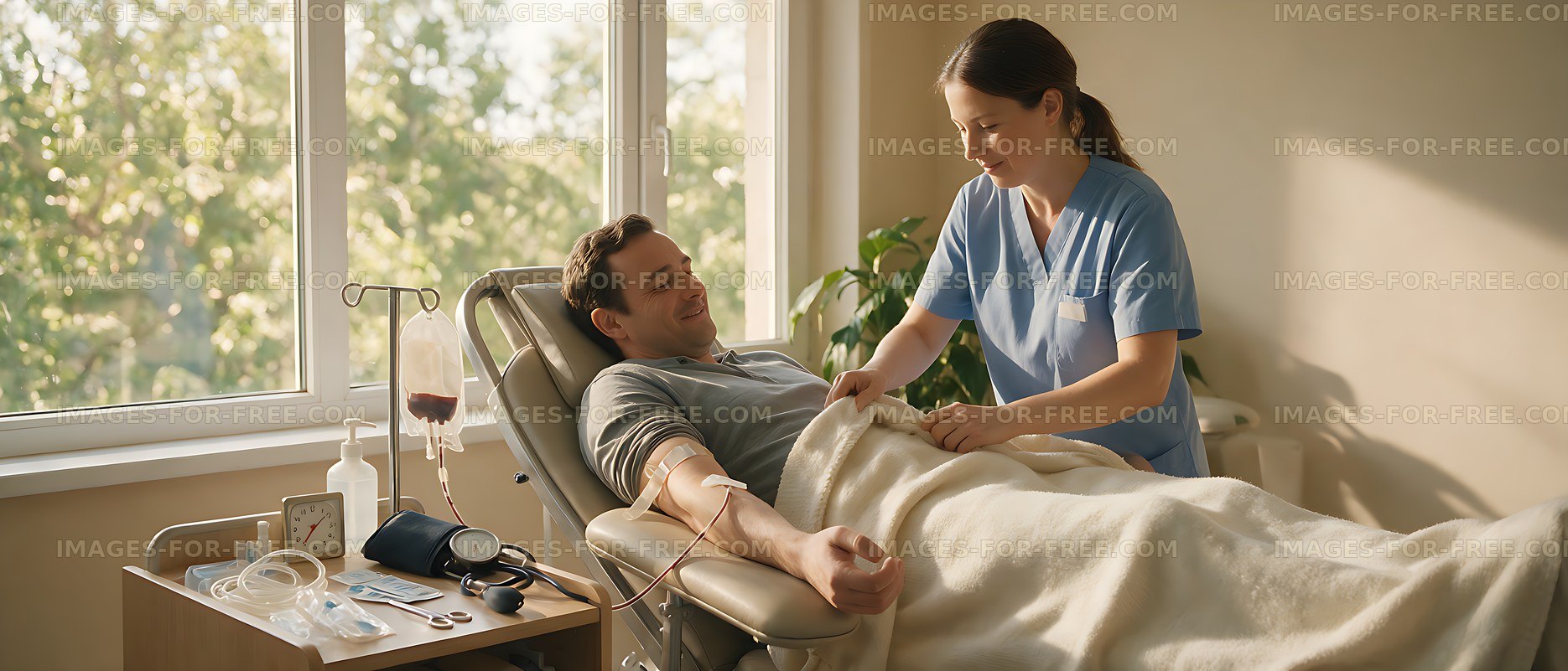 Blood donor reclining during a blood donation