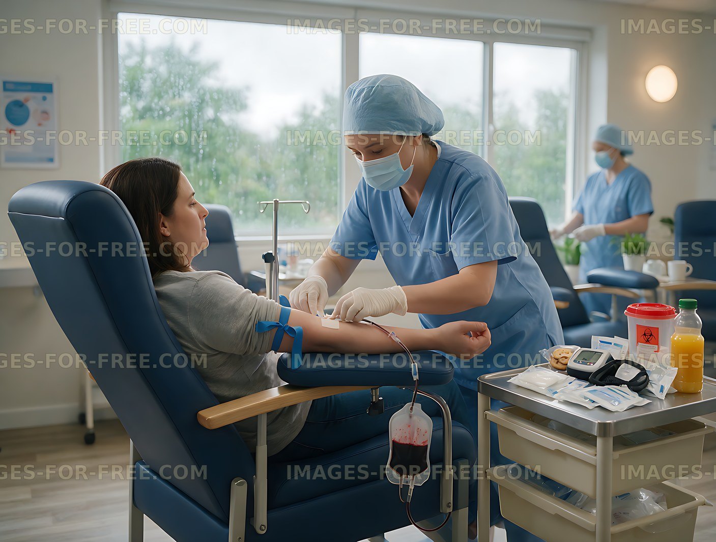 Donor receiving blood draw in medical donation room
