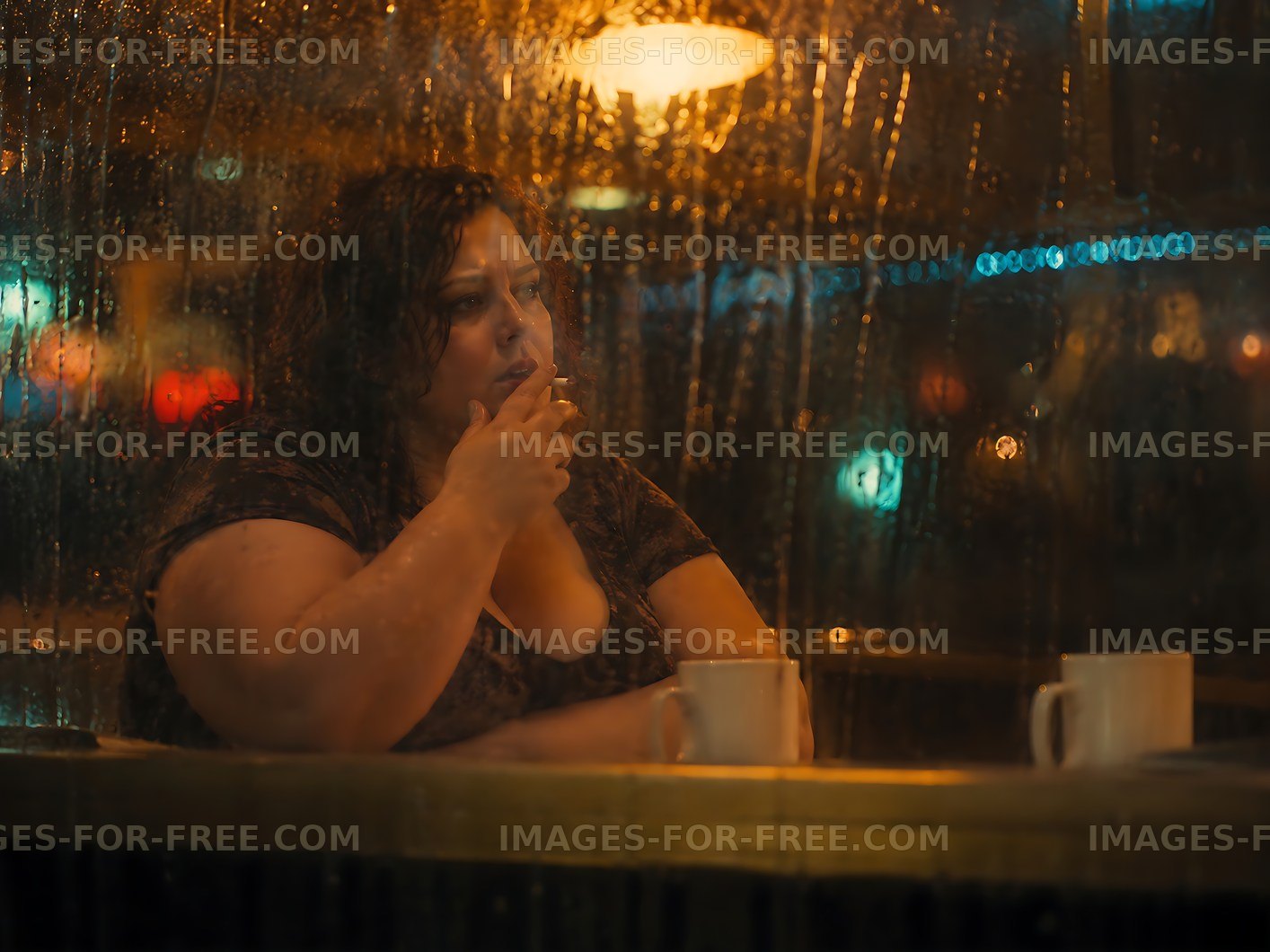 Woman sitting in cafe by window with rain