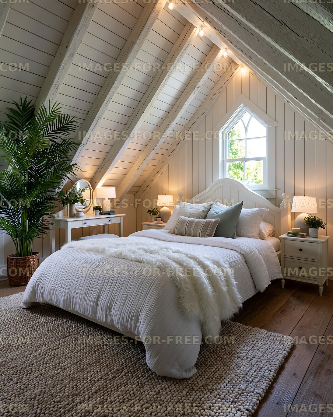 Bright attic bedroom with white bed and warm lighting