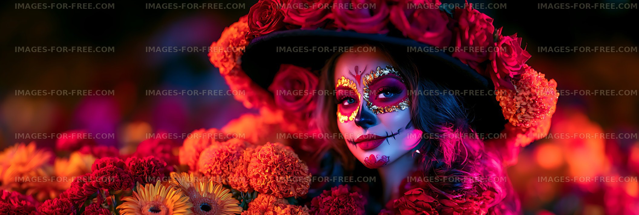 Colorful floral portrait with skull-inspired face paint