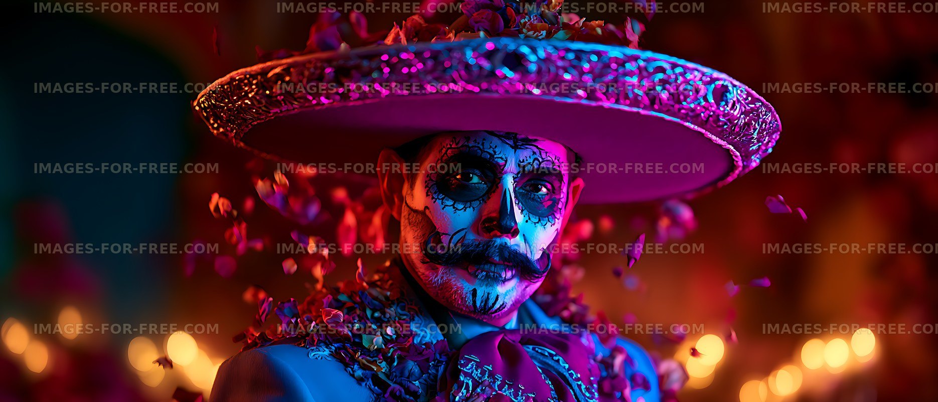 Vivid portrait of person with skull face paint and sombrero