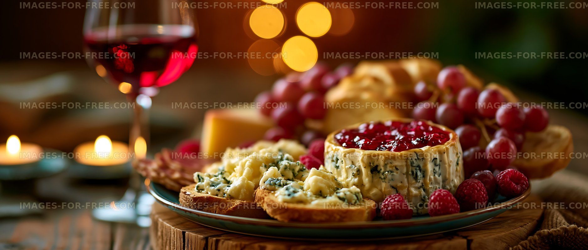 Gourmet cheese board with wine and fruit in warm candlelight