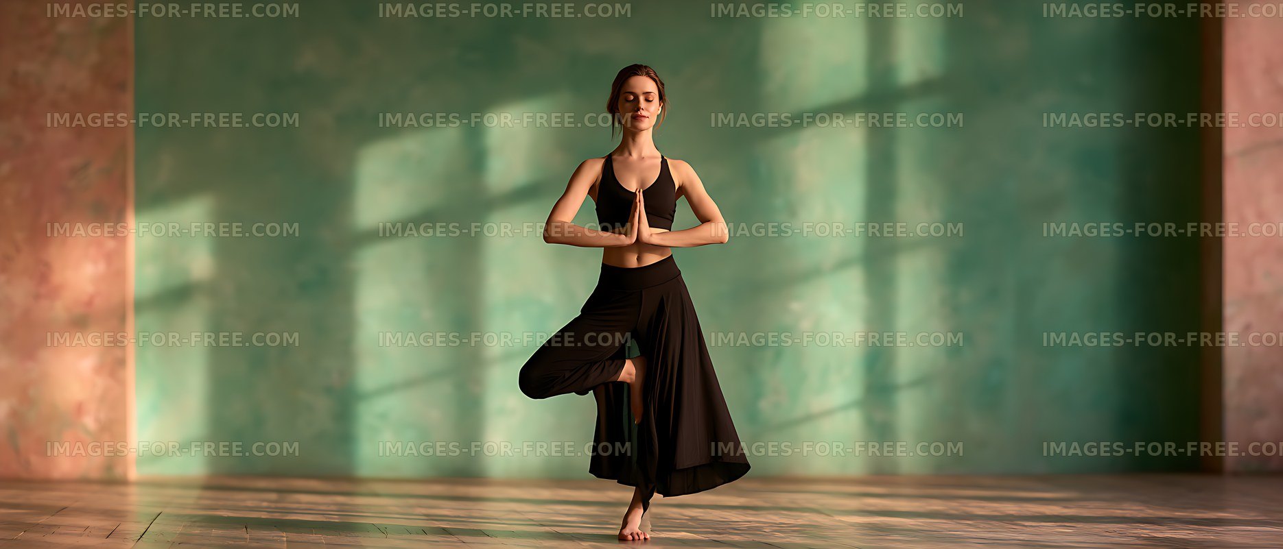 Woman holding a balanced yoga pose indoors