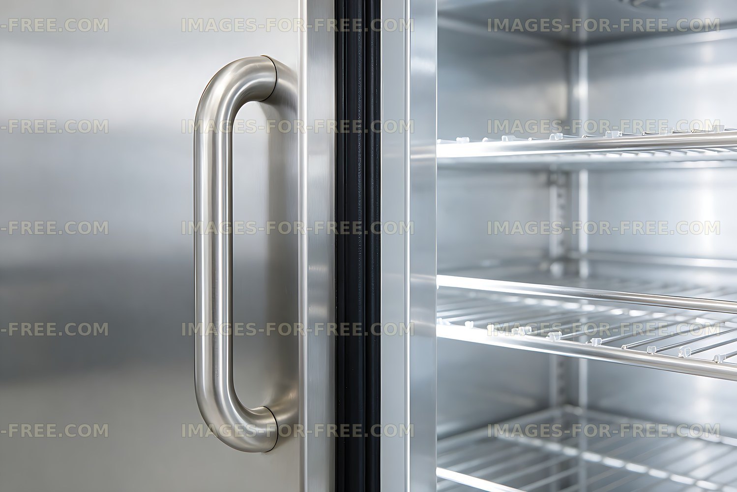 Open refrigerator with stainless steel handle and shelves