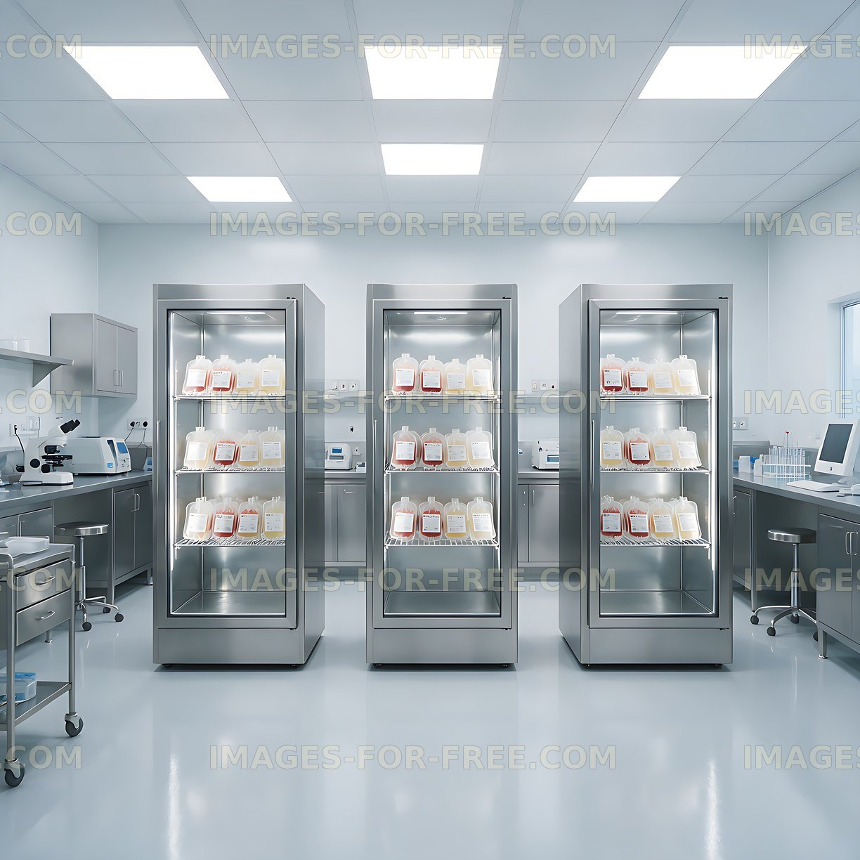 Three blood storage refrigerators in a medical laboratory