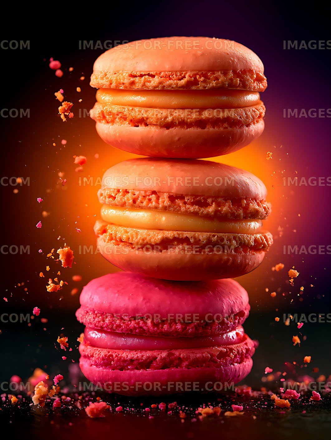 Colorful macarons stacked with crumbs