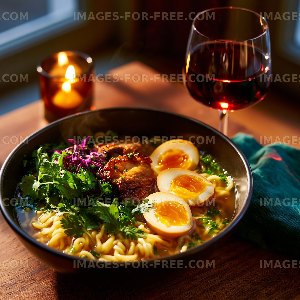 Ramen dinner with eggs, pork, wine and candlelight