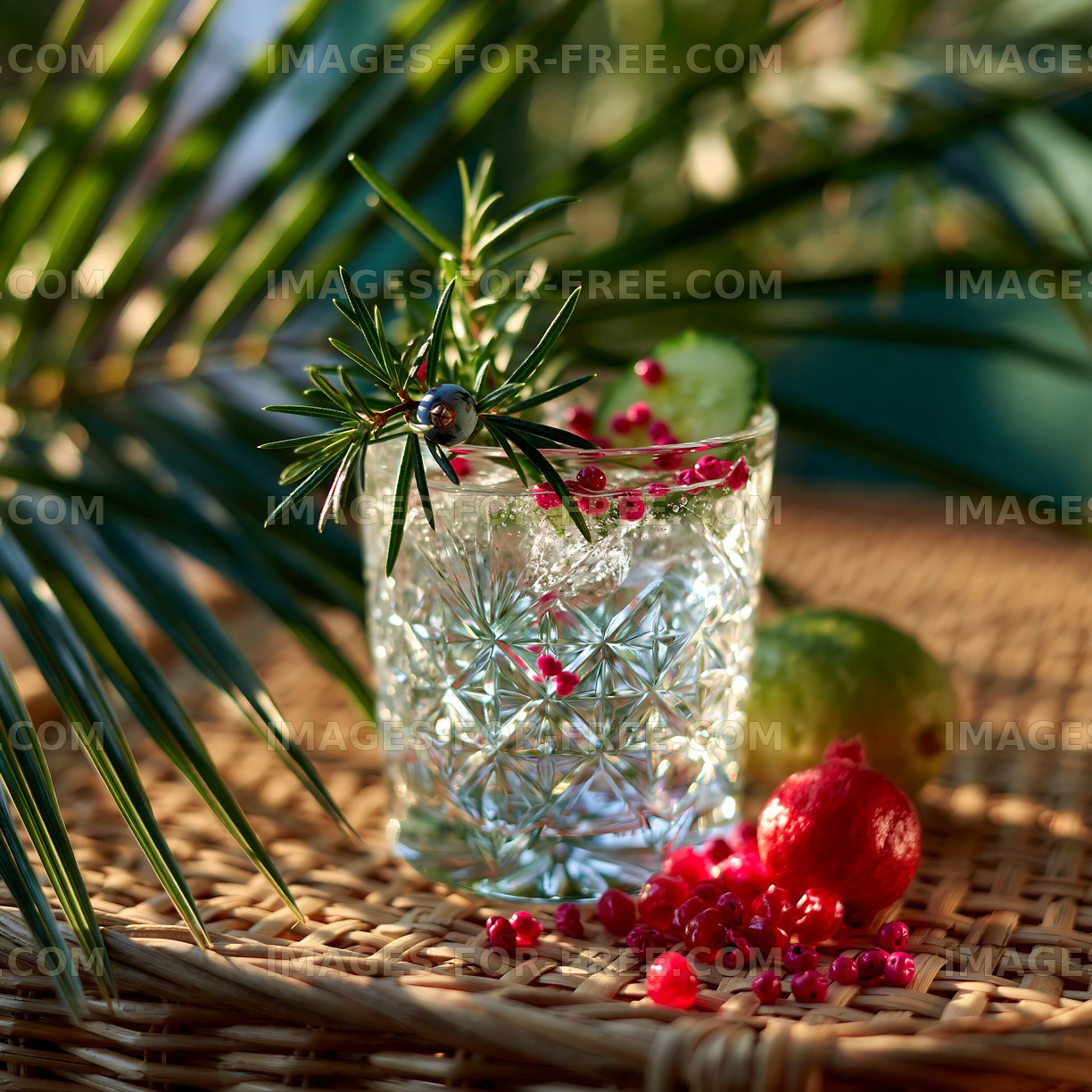 Crystal glass, greenery, berries, and fruit in warm sunlight