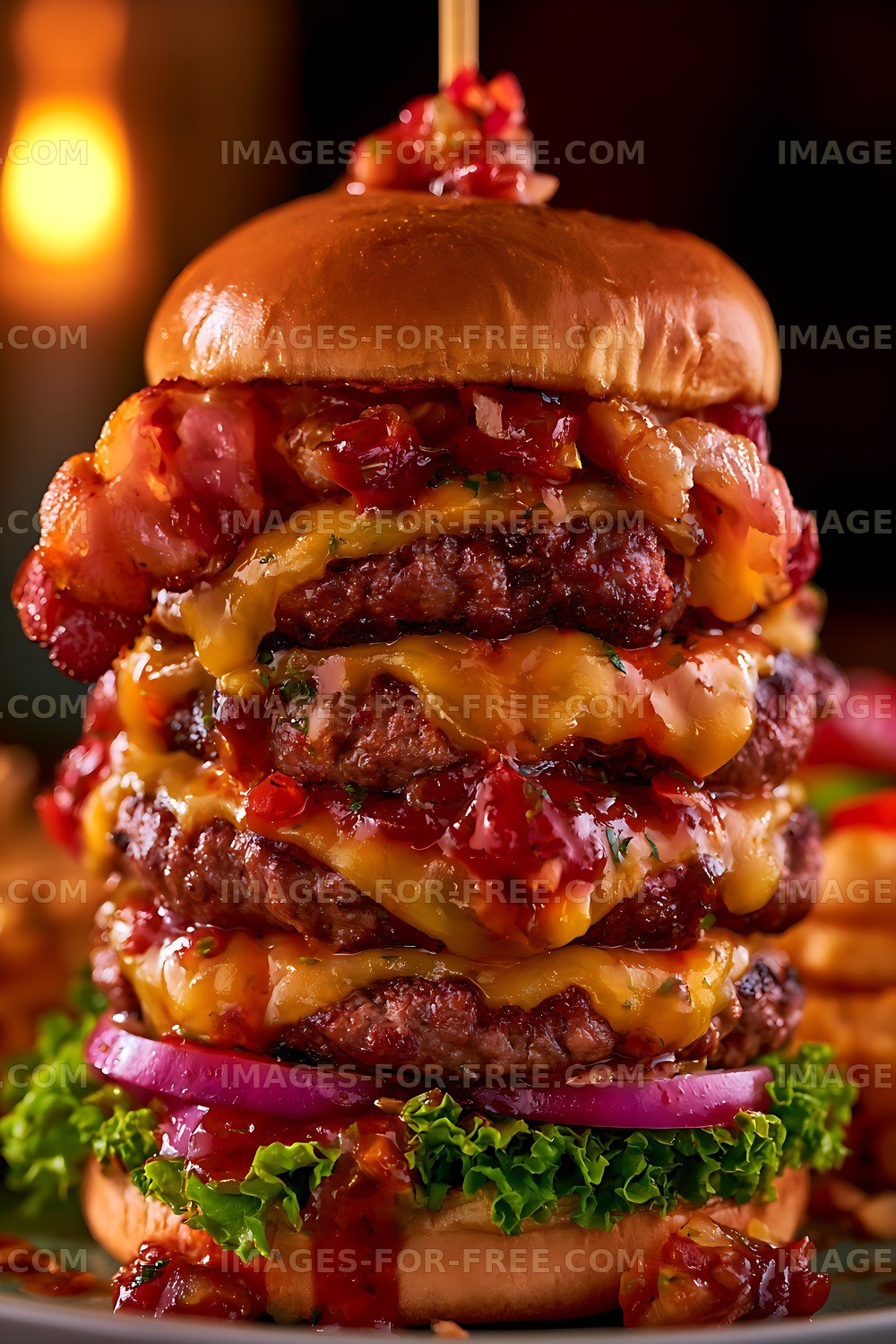 Loaded double cheeseburger in dramatic close-up