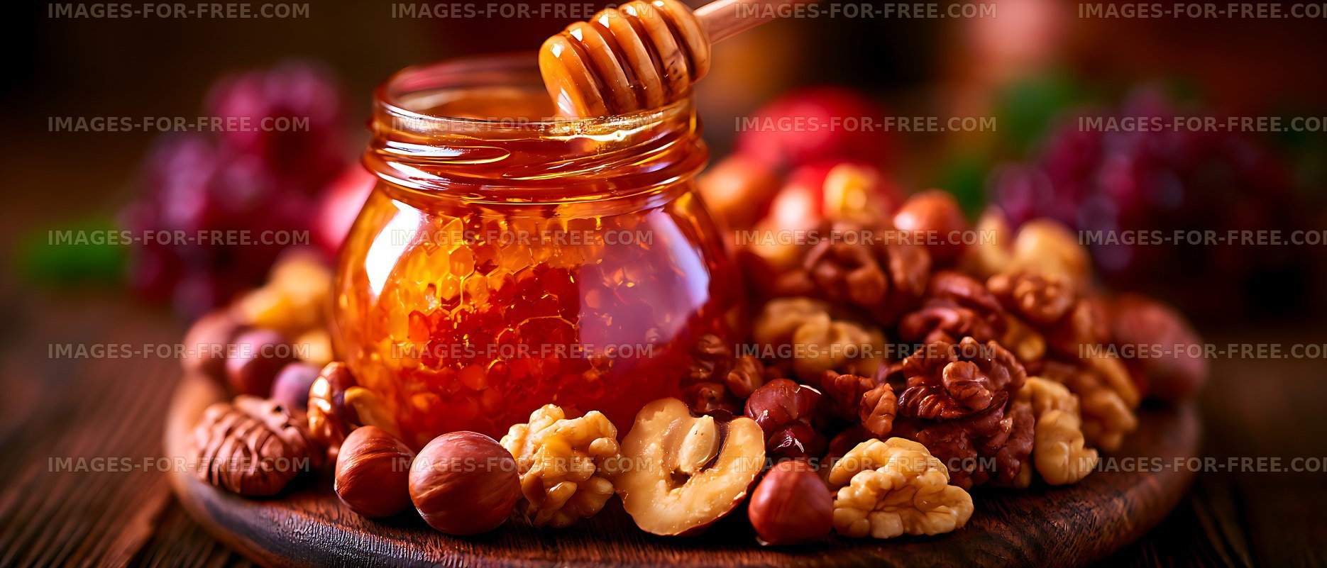 Honey jar, dipper, and assorted nuts on wooden table