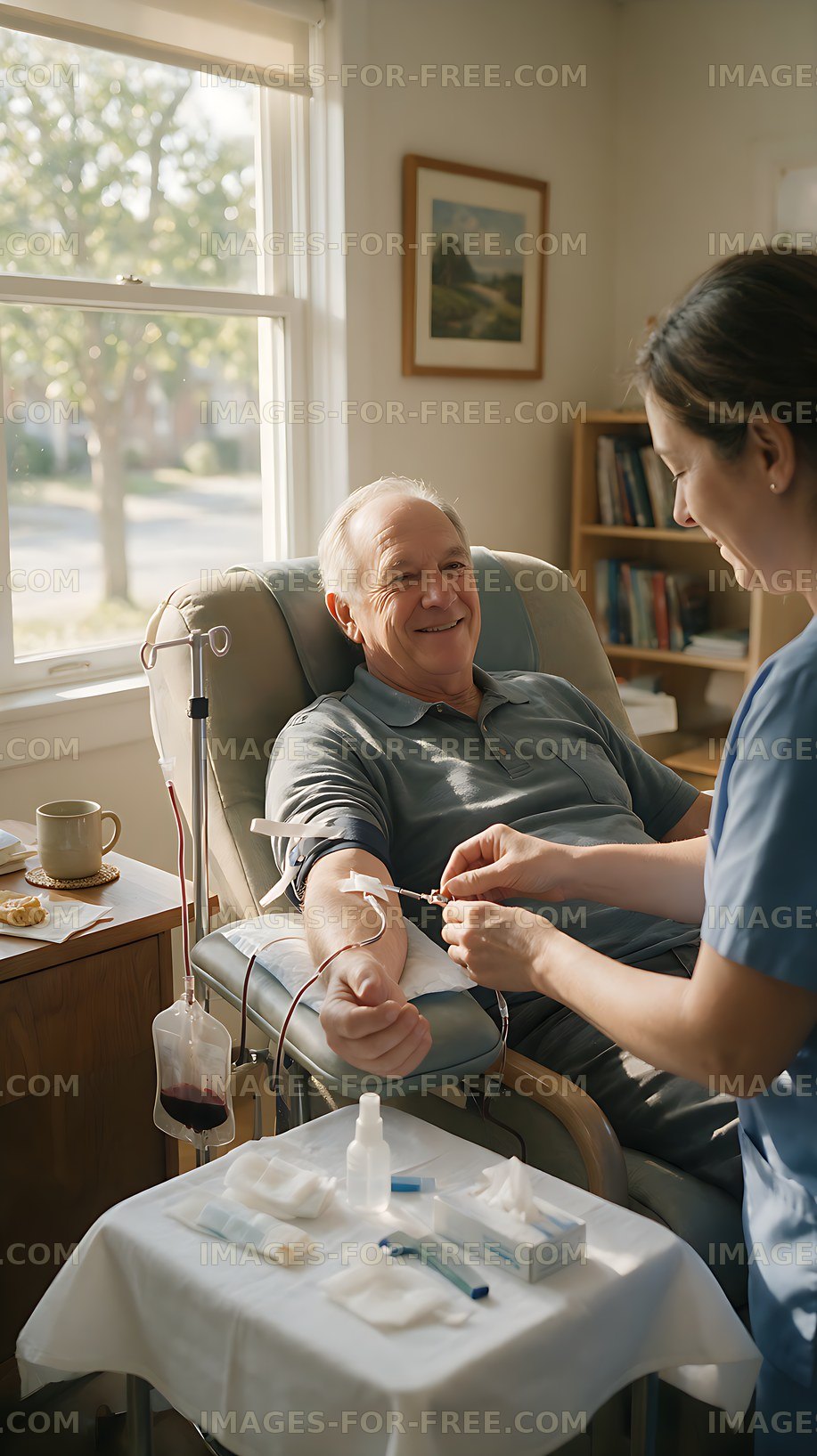 Blood donation with donor reclining in a chair