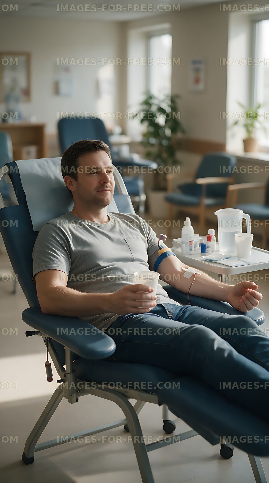 Man reclining in donation chair during blood collection