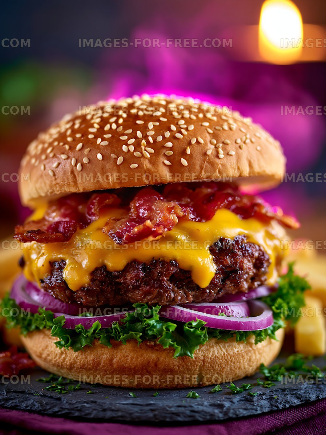 Close-up bacon cheeseburger with melted cheese and vegetables