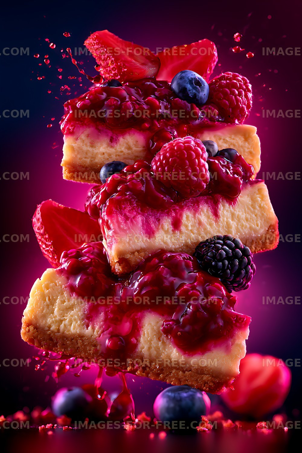 Colorful stacked cheesecake with mixed berries