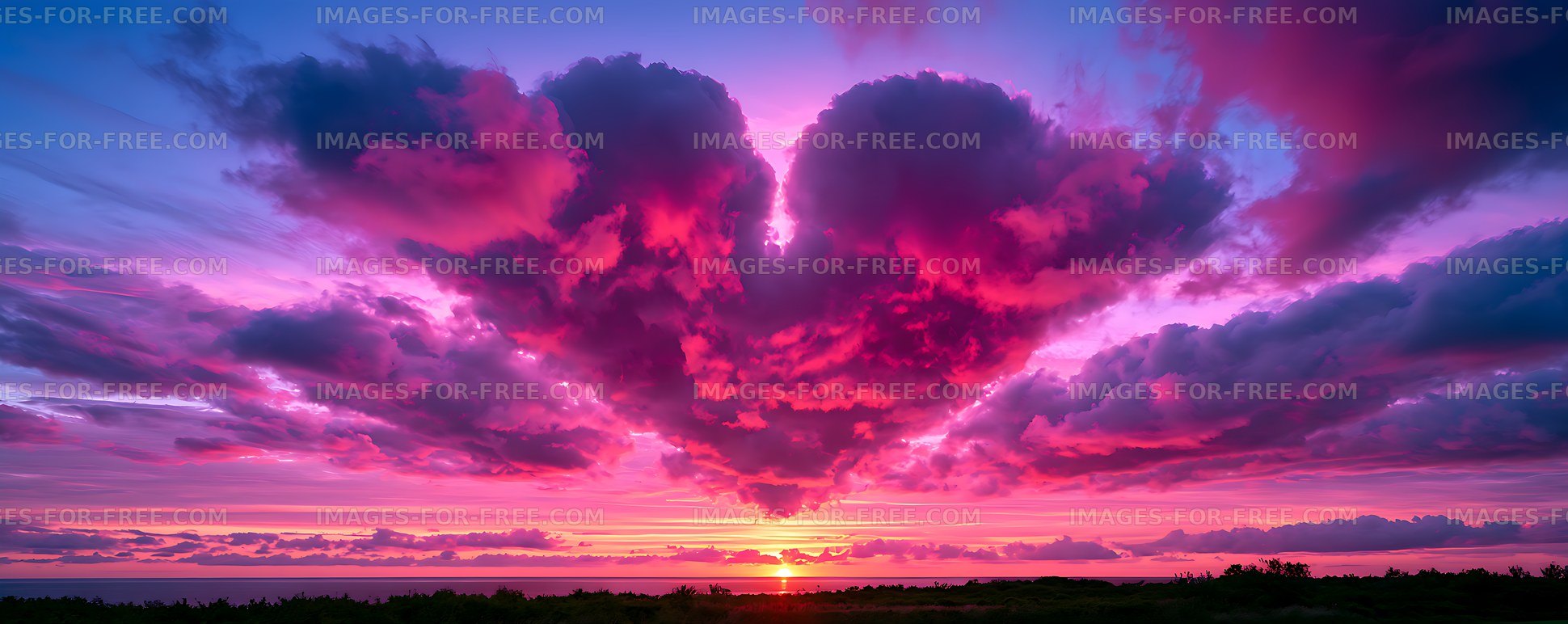 Panoramic ocean sunset with vibrant purple and pink clouds