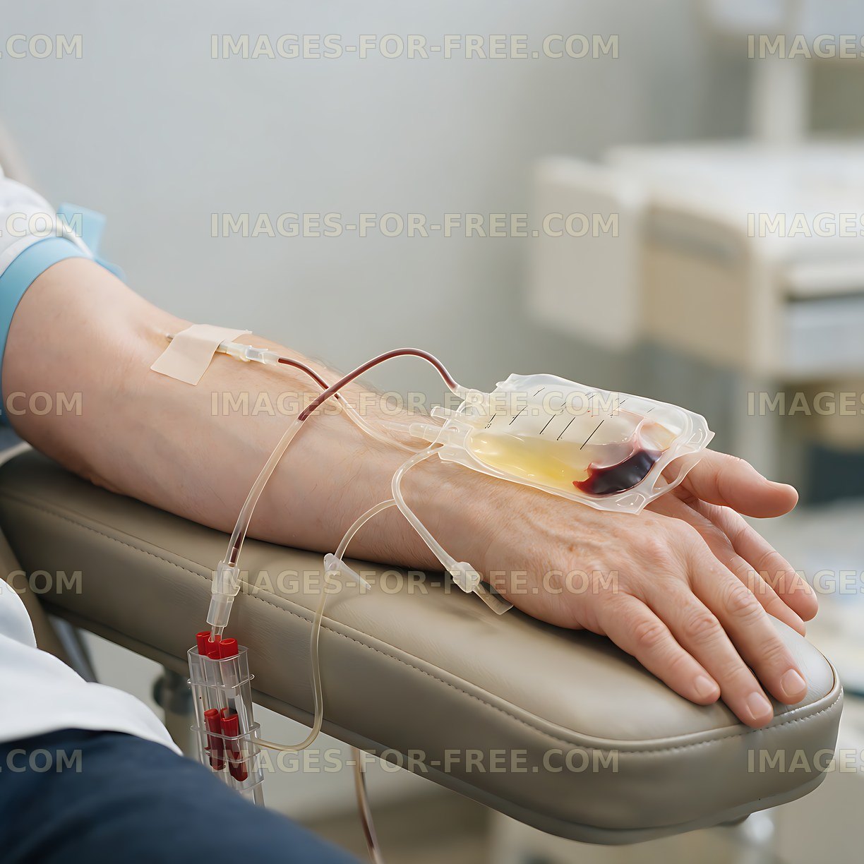 Close-up of blood donation equipment and donor's arm