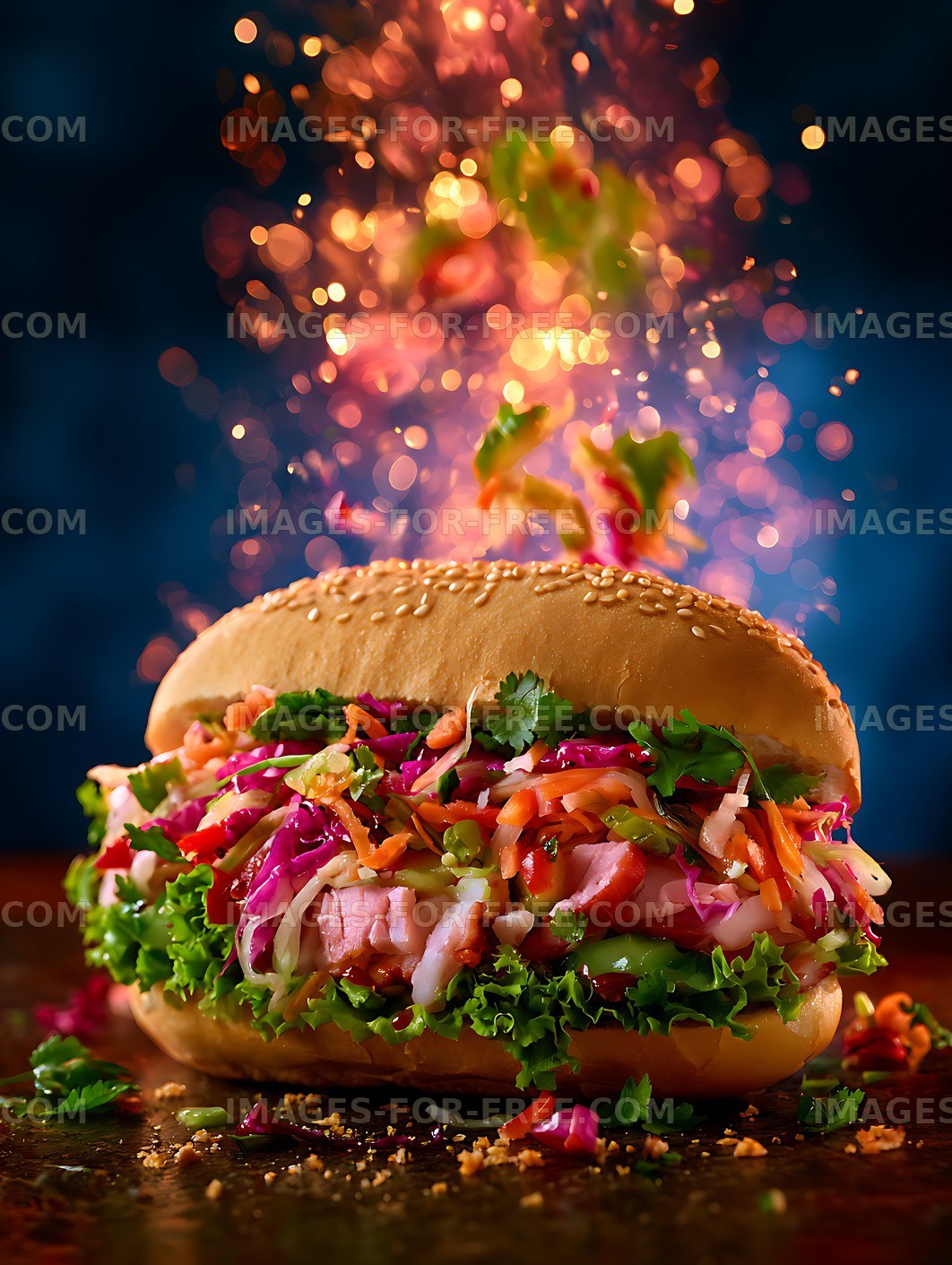 Vibrant deli sandwich with sesame bun and colorful fillings