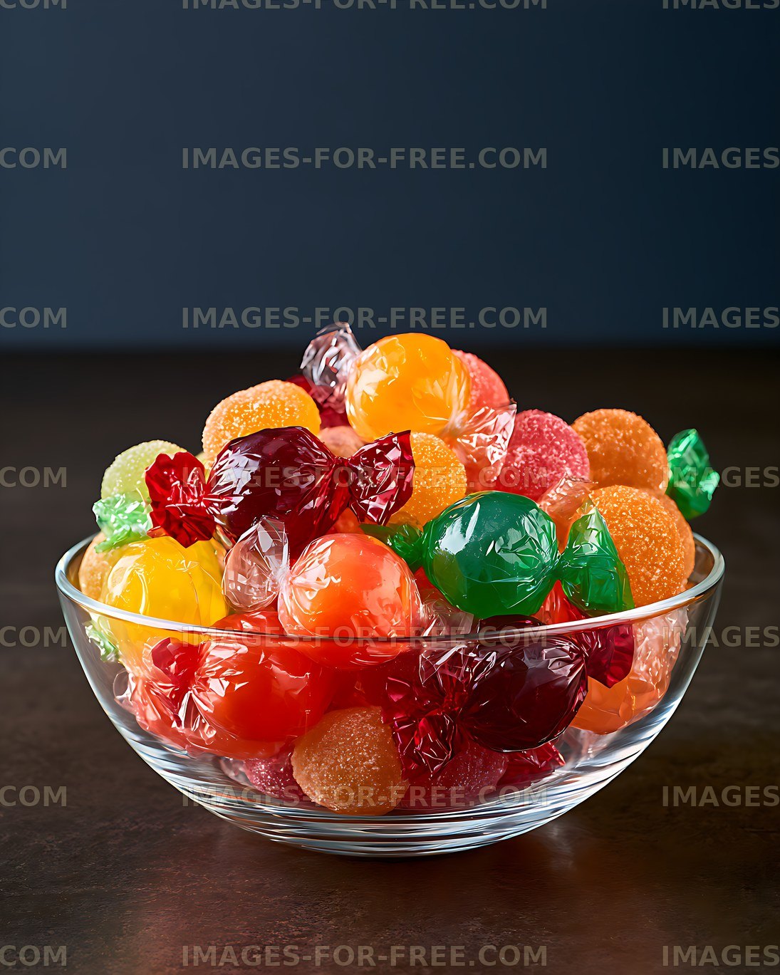 Bright mixed sweets arranged in a transparent bowl