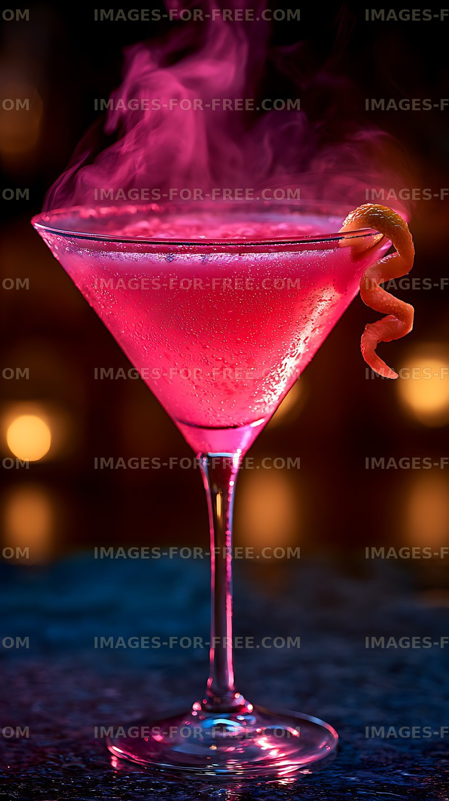 Vibrant pink cocktail with citrus peel and swirling smoke