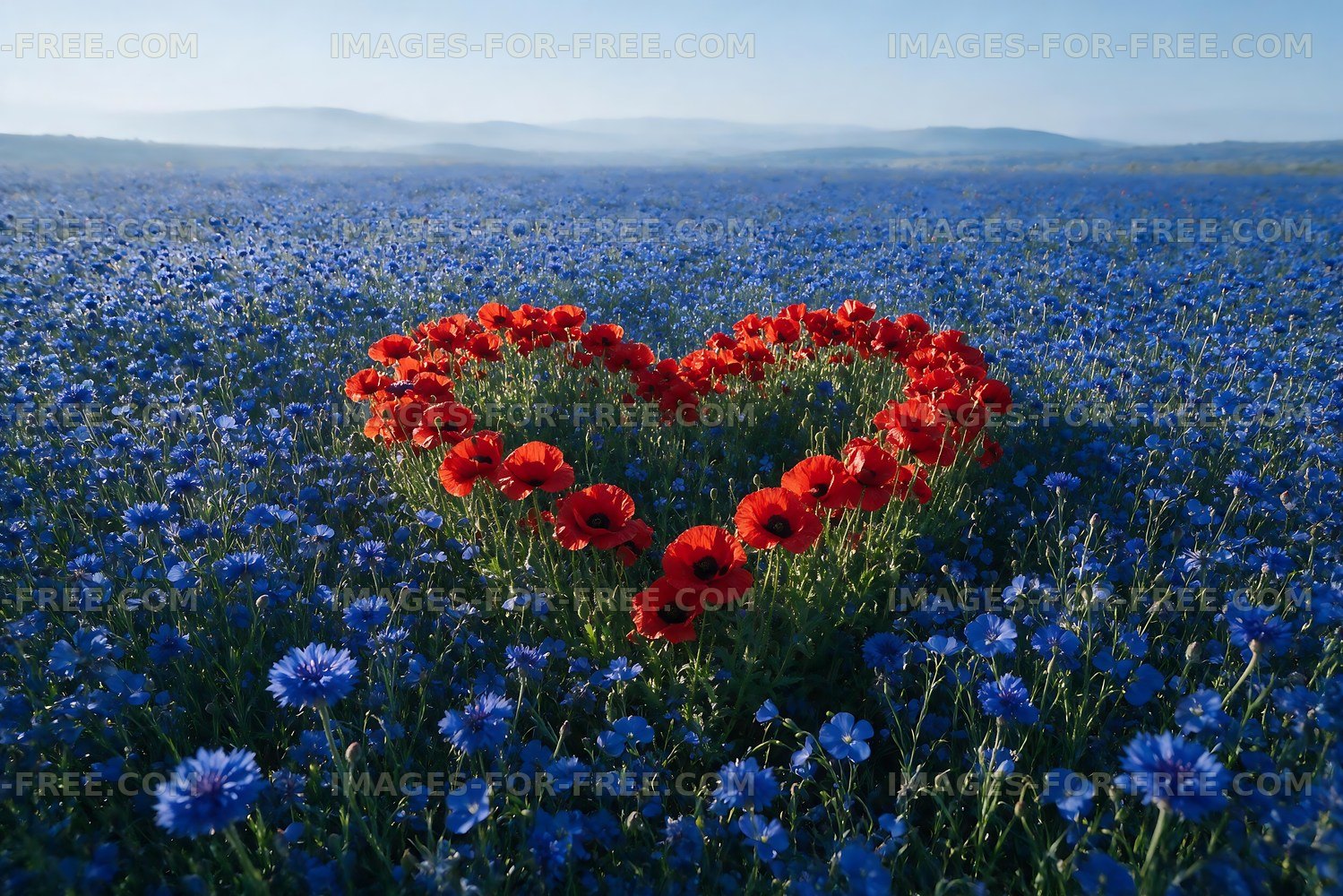 Red flowers form heart shape in blue field of cornflowers