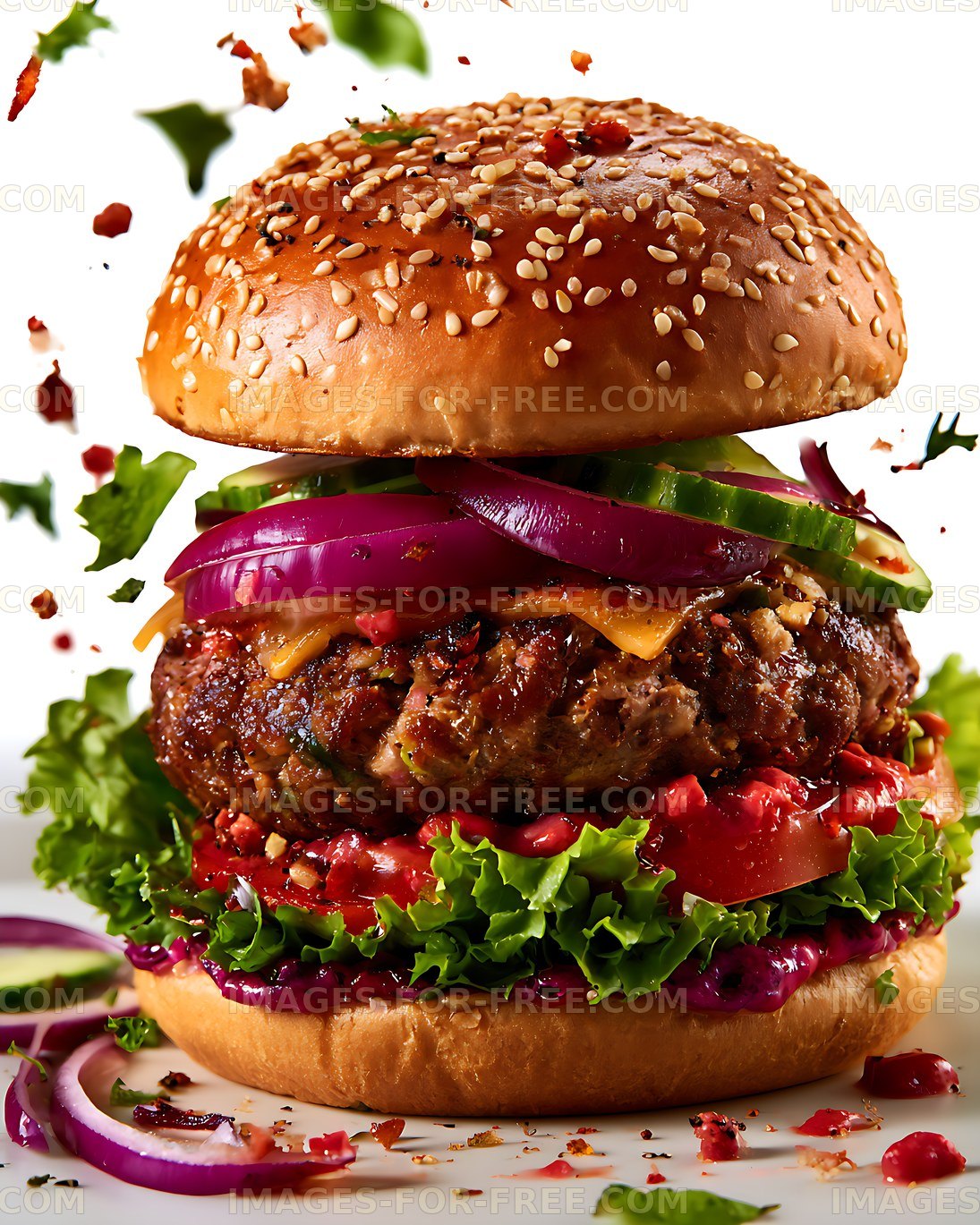 Loaded hamburger with fresh vegetables and sesame bun