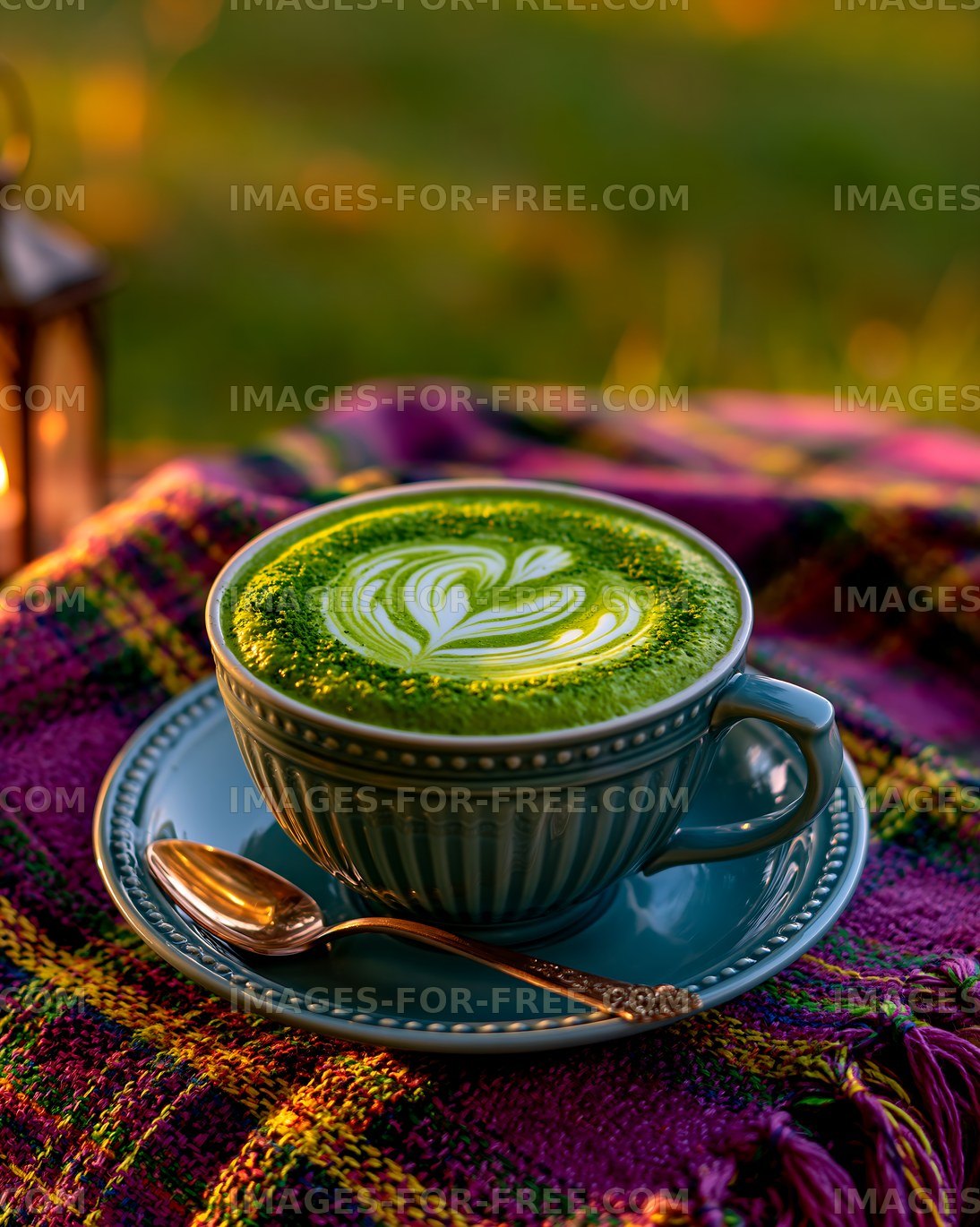 Green matcha drink with heart foam art and spoon