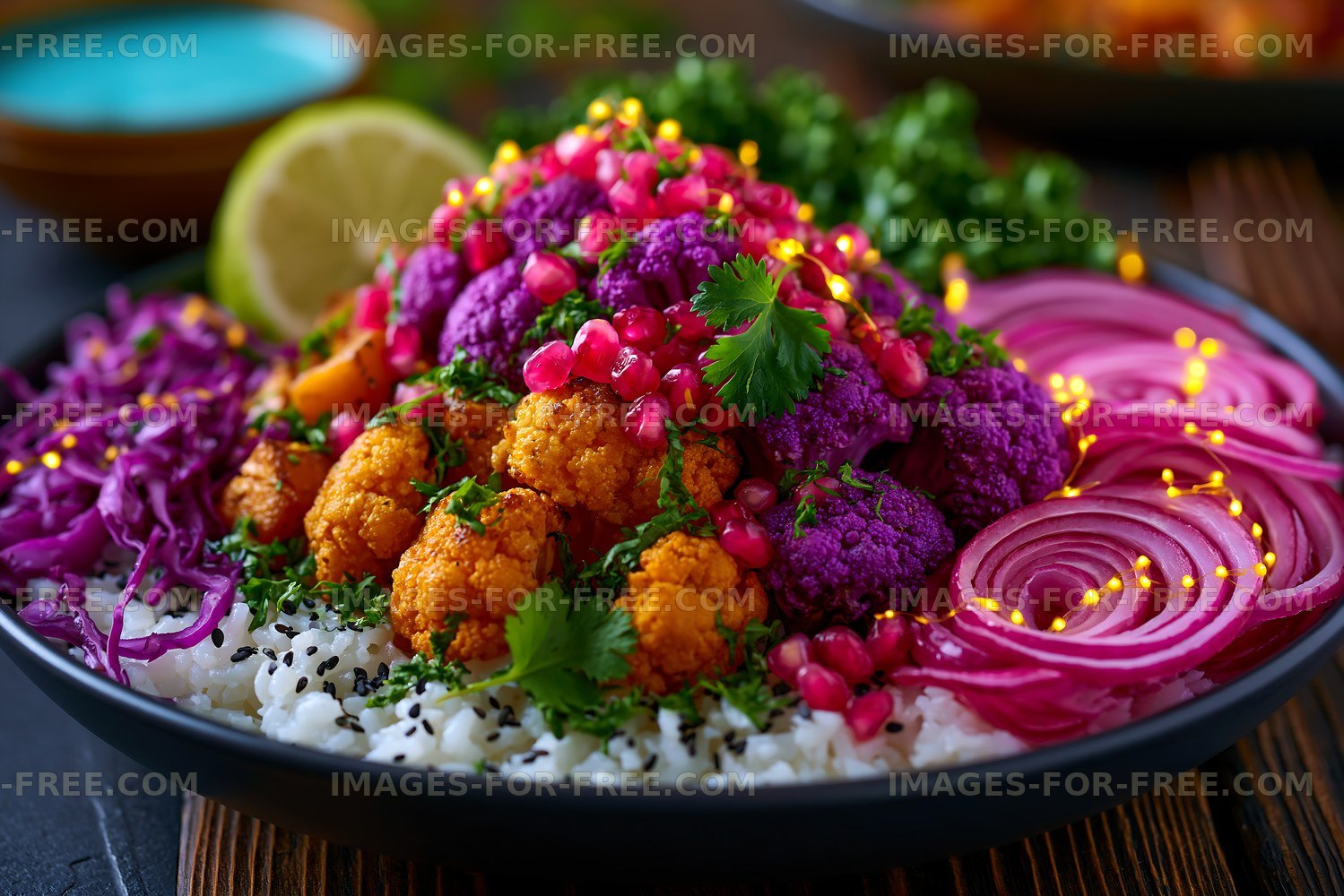 Vibrant vegetable rice bowl with cauliflower and pomegranate