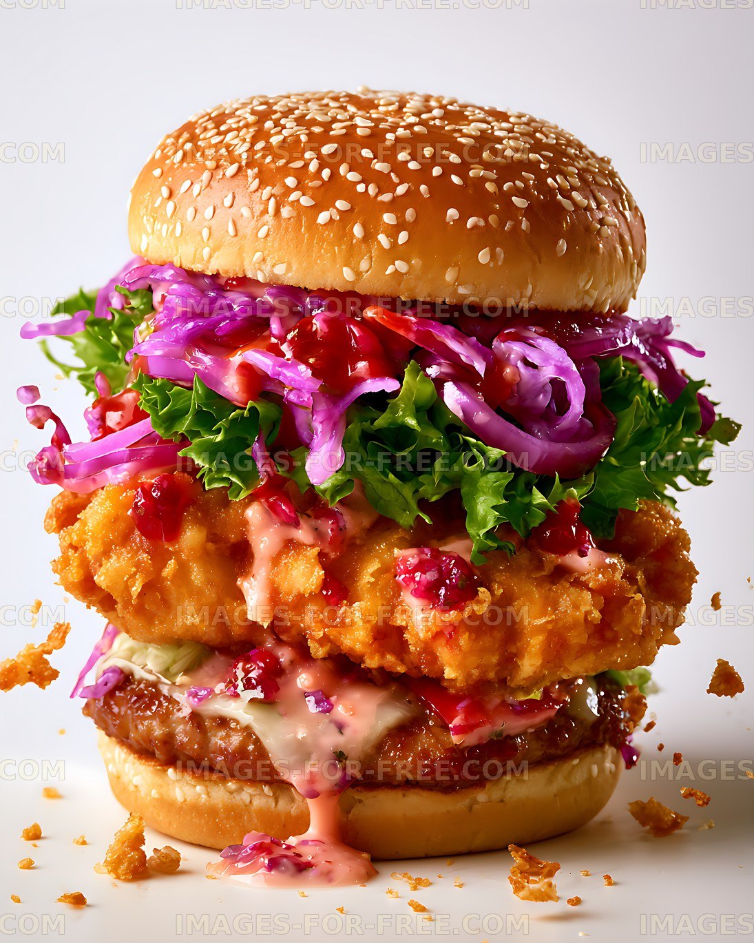 Loaded crispy chicken burger with colorful fresh toppings