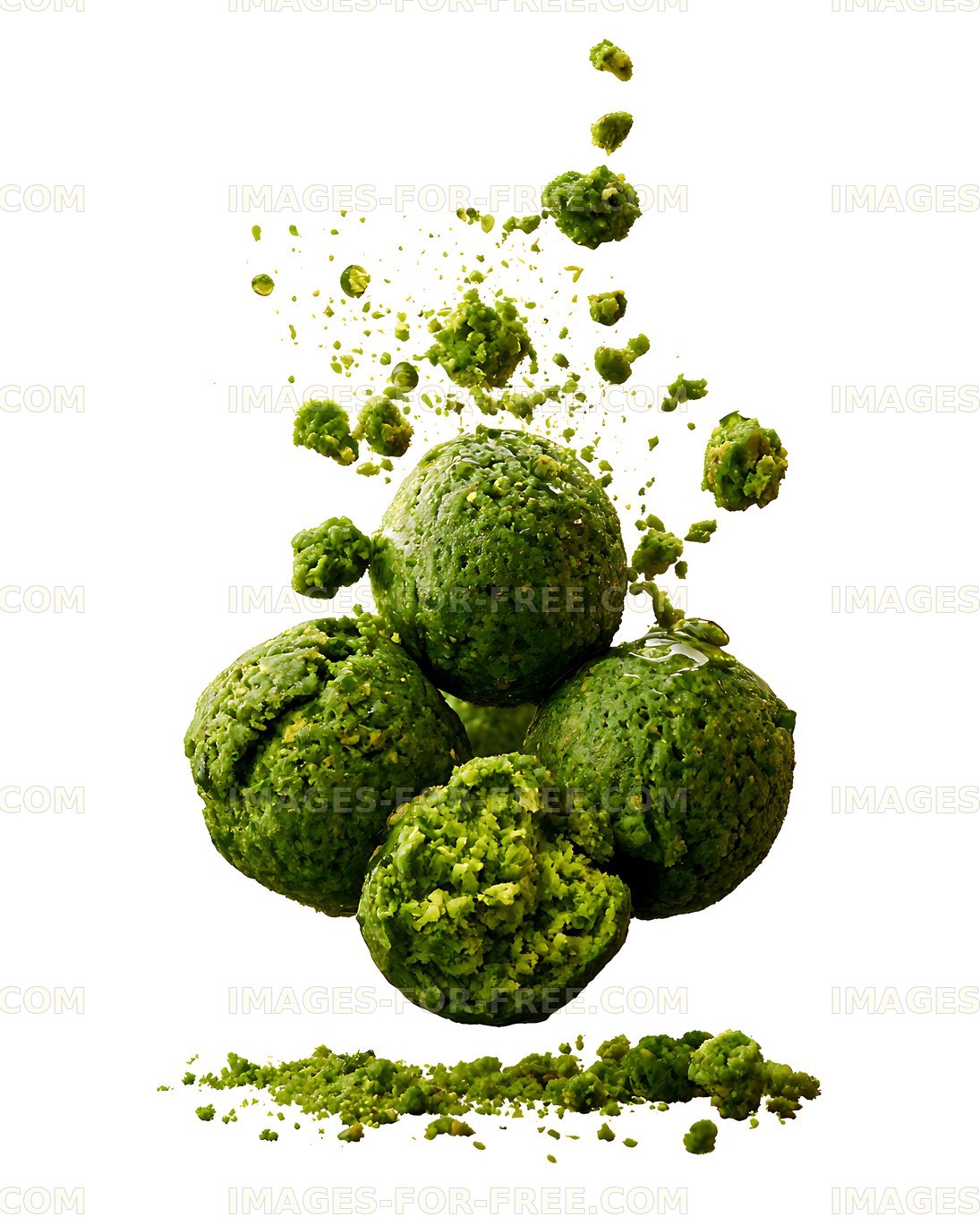 Abstract green avocado food arrangement with flying pieces