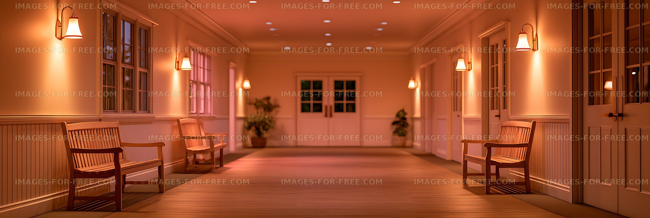 Empty warm-toned corridor with chairs and architectural details