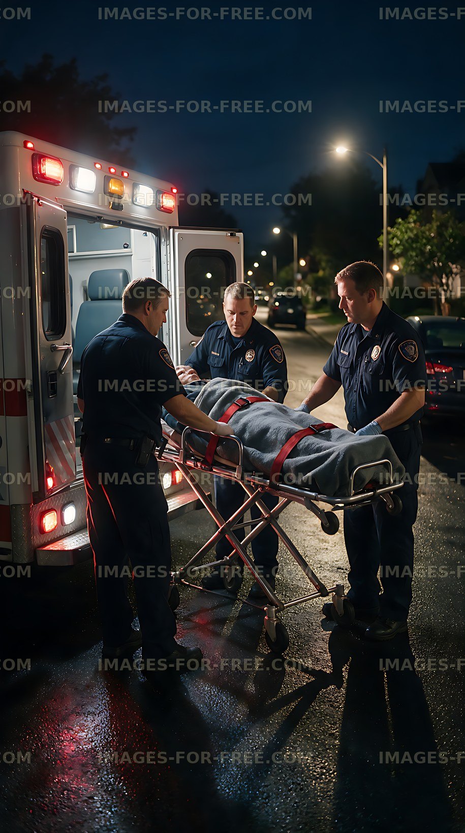 Paramedics loading a stretcher into an ambulance at night