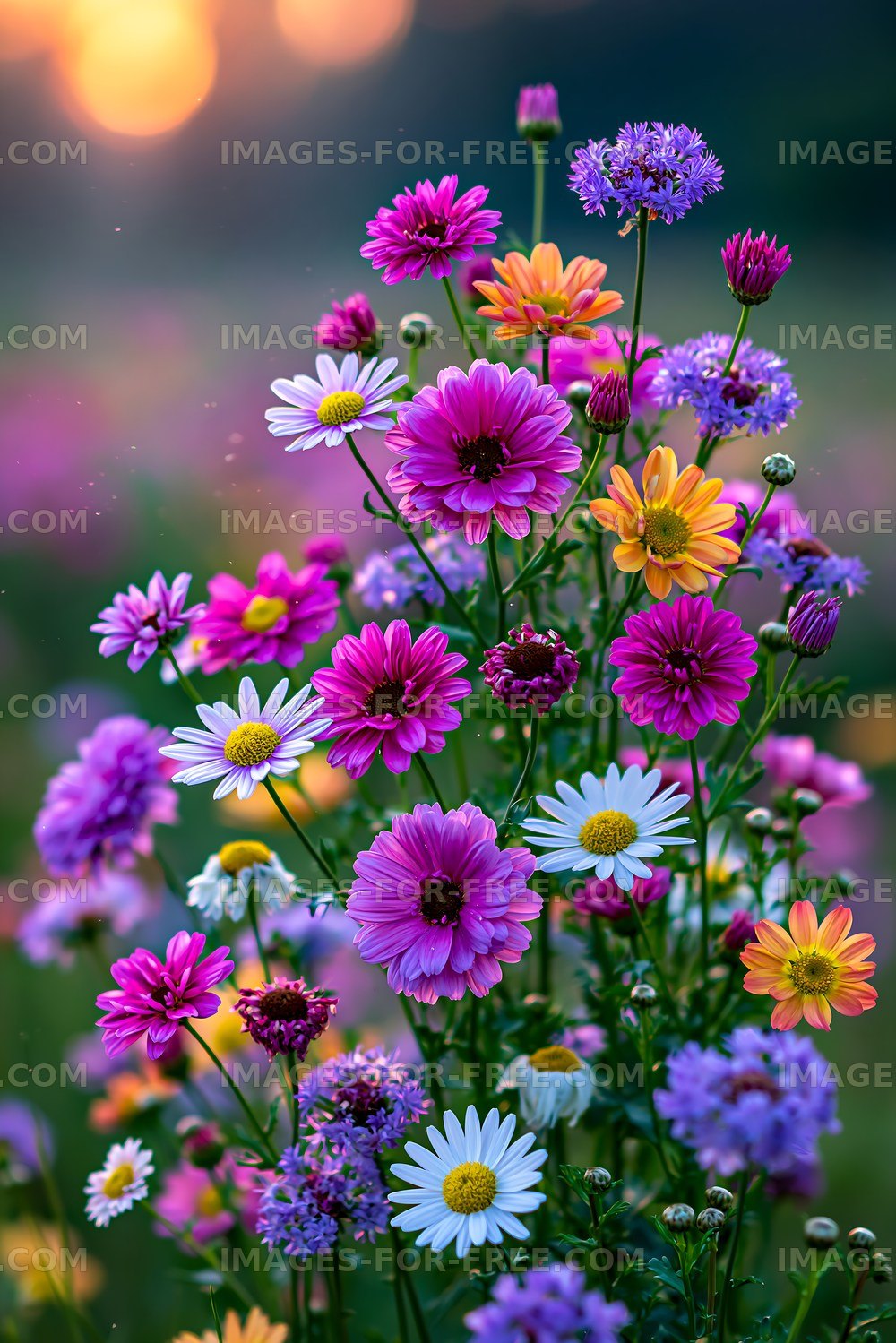 Colorful wildflowers bloom in a sunny meadow during sunset
