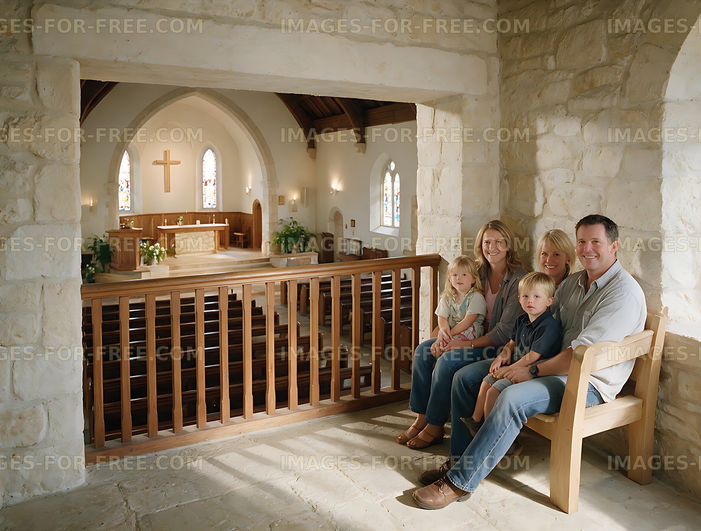 Family together in a bright church interior