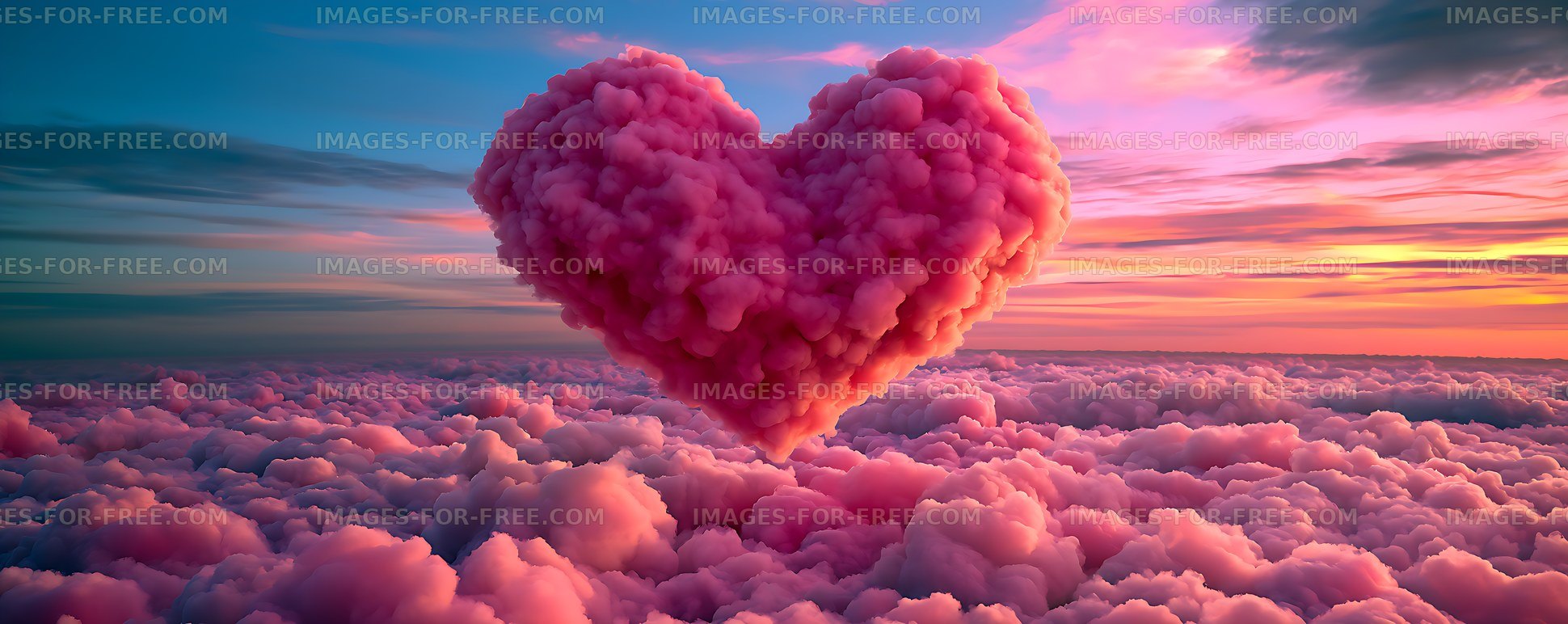 Dreamy heart-shaped cloud over pink clouds at sunset