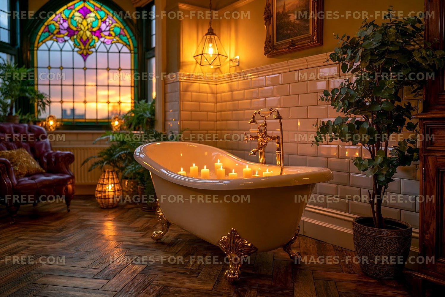 Warm candlelit bathroom interior with clawfoot tub