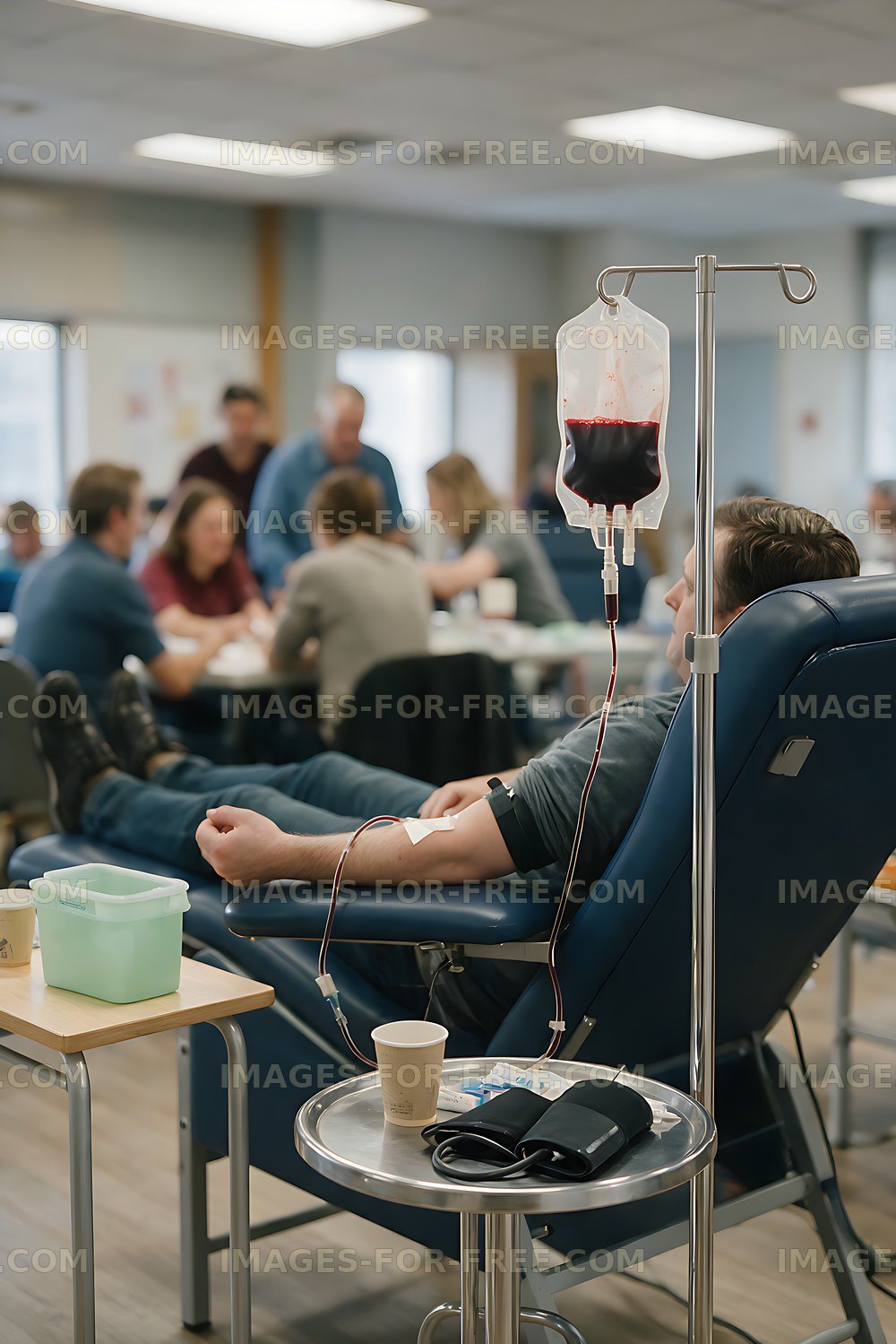 Blood donor reclining in chair at donation center