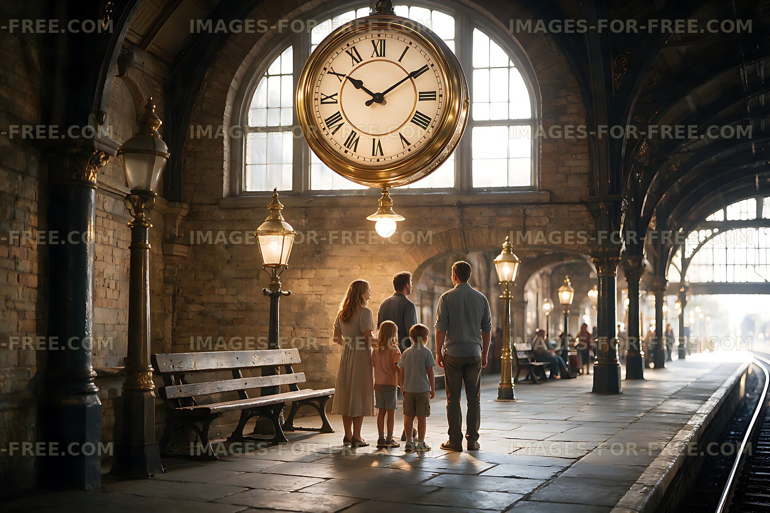 Family on a train platform beneath a large station clock