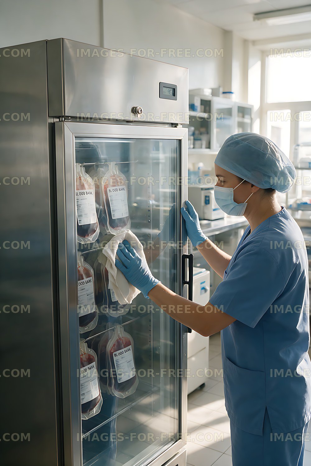 Medical worker organizing blood bags in a refrigerator