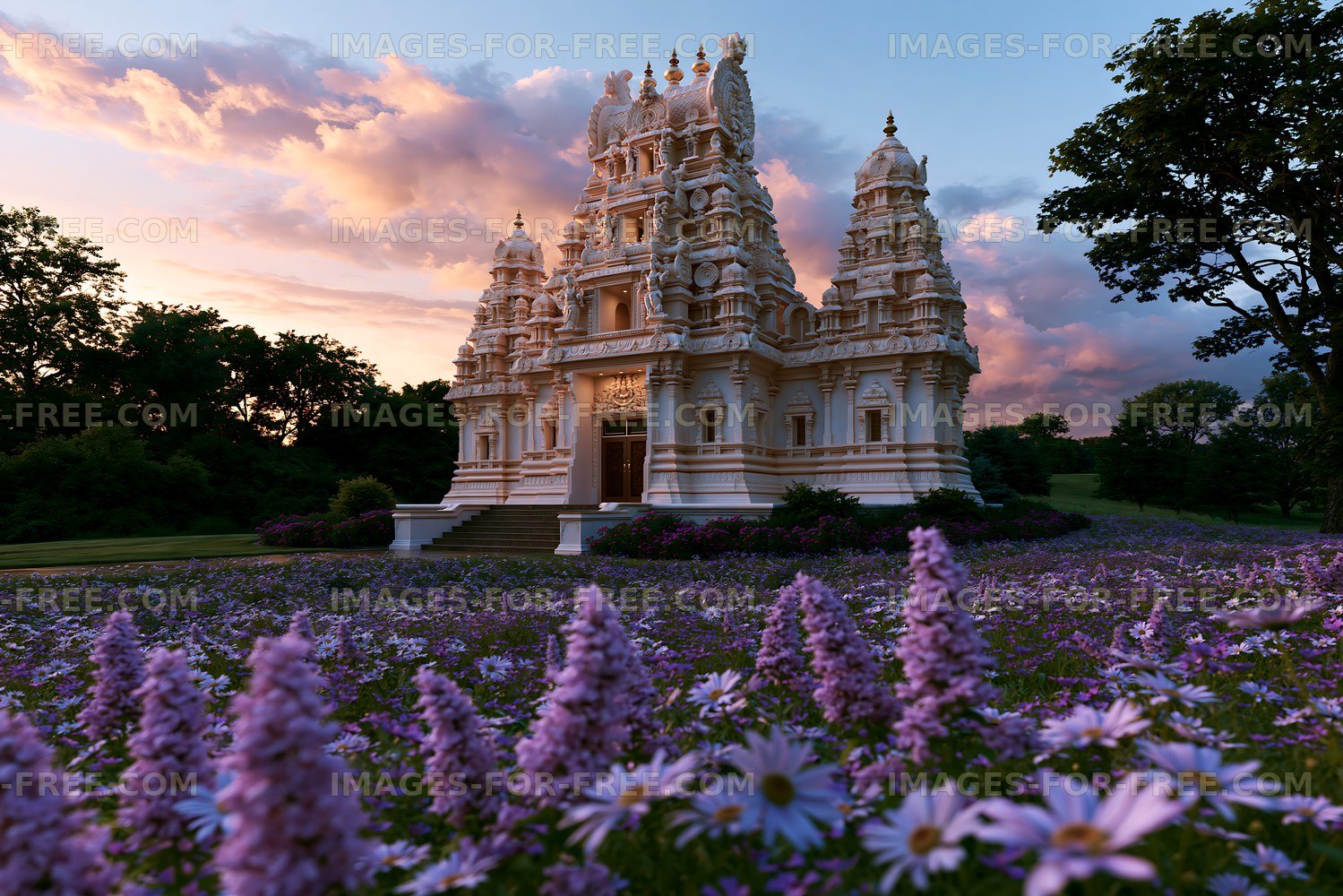 White Hindu temple in a flower-filled garden at sunset