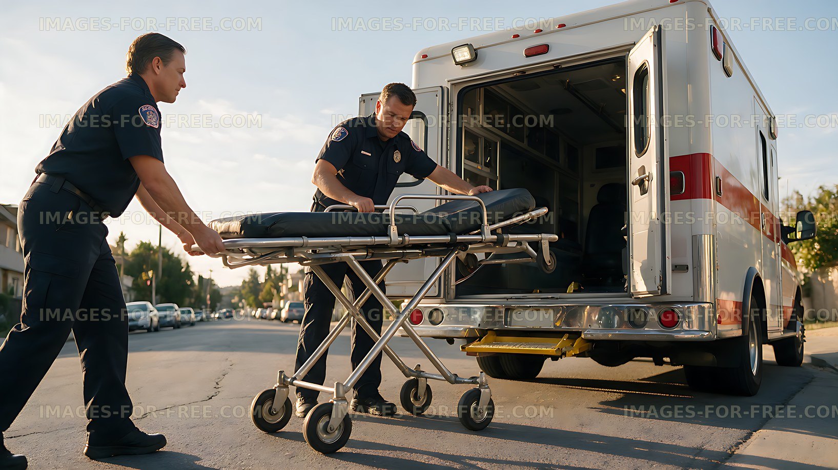 Emergency responders load stretcher into ambulance