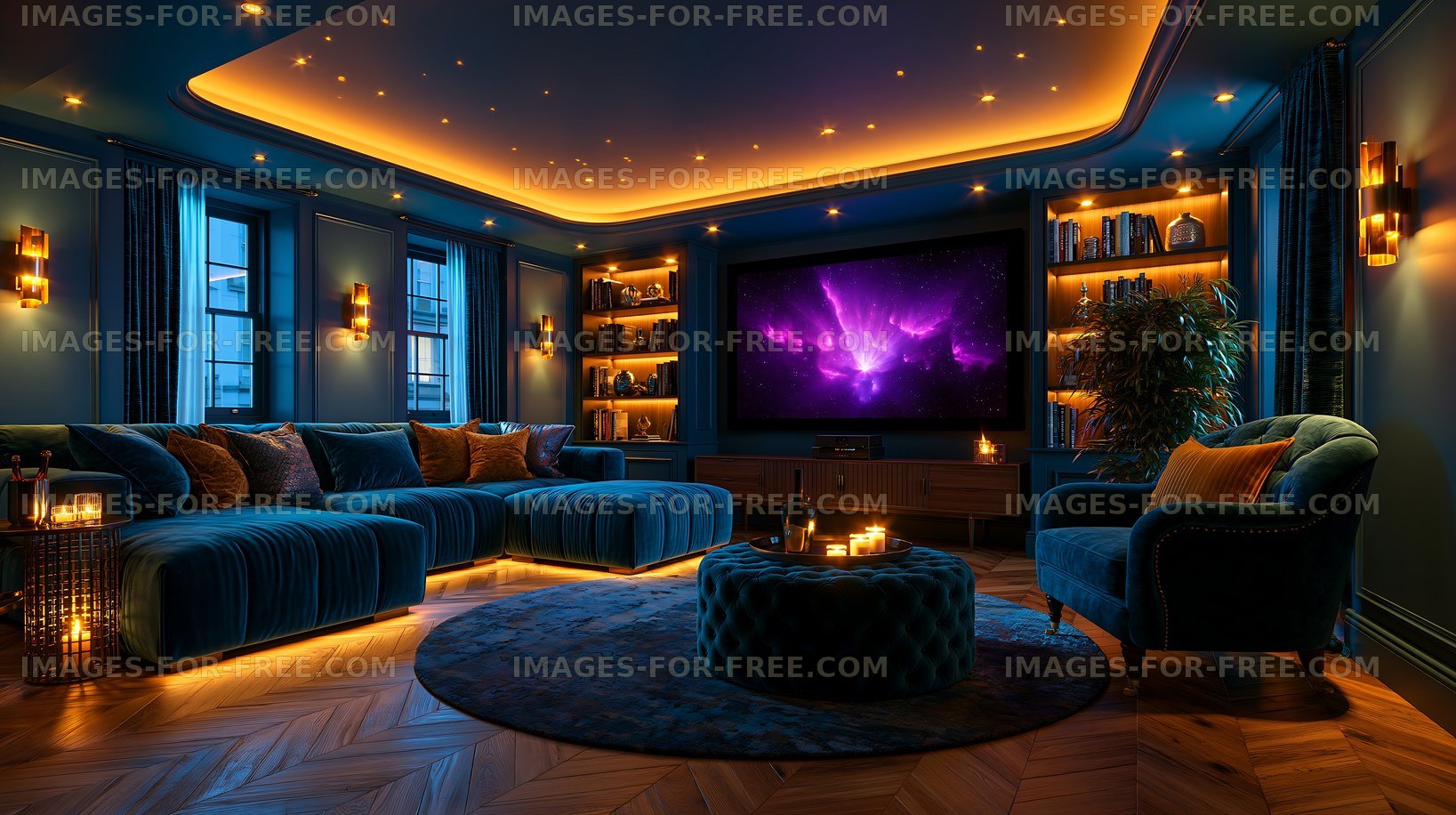 Elegant blue living room with warm ambient lighting