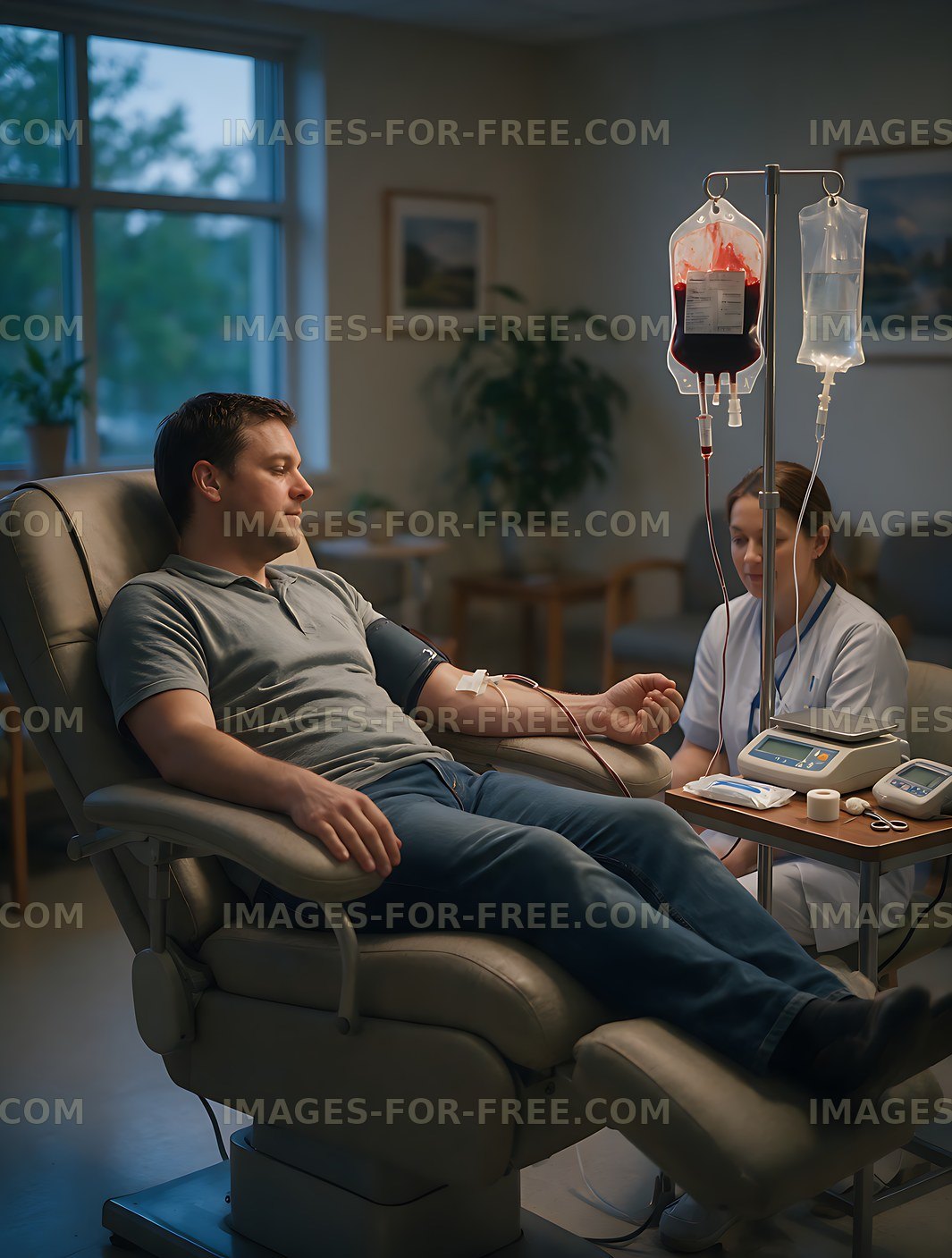 Blood donation procedure with donor in reclining chair